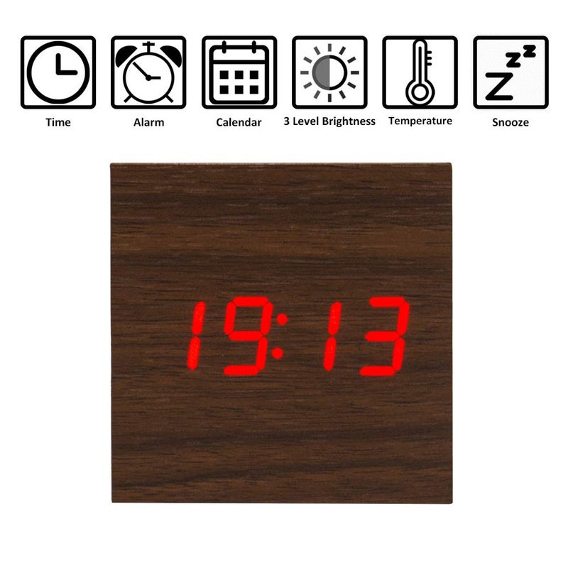 Lancoon Wooden Alarm Clock - Mini Cube LED Digital Clock with Time/Date/Temperature Display, 3 Levels Brightness and Voice Control Great for Home Office Travel - AC10Brown_Red - Image 2